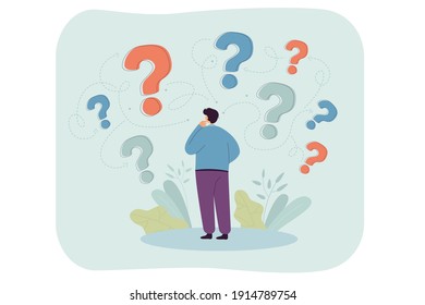 Back view of man making business decision flat vector illustration. Cartoon character thinking about options and questions marks around him. Success and searching for solution strategy concept