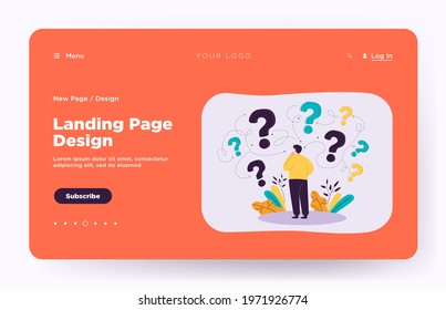 Back view of man making business decision flat vector illustration. Cartoon character thinking about options and questions marks around him. Success and searching for solution strategy concept