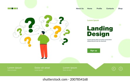 Back view of man making business decision flat vector illustration. Cartoon character thinking about options and questions marks around him. Success and searching for solution strategy concept
