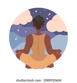 Back view of man meditating in Lotus pose. Guy practicing yoga and breathing exercise cartoon vector illustration