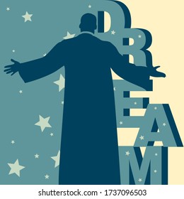 Back view of a man with outstretched arms and behind is a vertical mnemonic on the word Dream amidst few stars backdrop