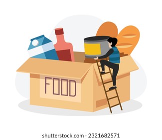 Back view of man packing food as donations. Humanitarian aid organization. Grocery for needy and poor people. Preparing boxes for charity. Vector flat style illustration