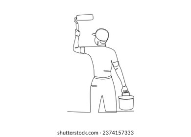 Back view of a man painting. Painter one-line drawing