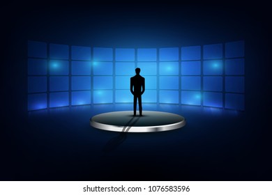 Back view Man silhouette in a digital spaceHigh technologies for your success . Mixed media vector illustration