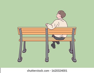 Back view man sitting bench in the street  hand drawn style vector design illustrations  