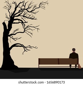 Back view of a man sitting on a bench in the park. Flat romance illustration of young man spending free time in the Park.