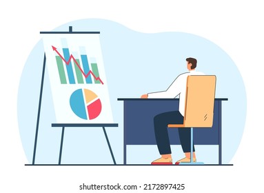 Back view of man sitting on chair and looking at business plan. Businessman, financial statistics flat vector illustration. Business, finances, development, growth concept for banner, website design