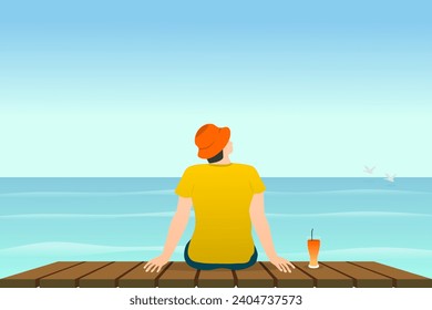 Vista posterior de un hombre sentado en una cubierta de madera con vistas al océano. Ilustración vectorial.