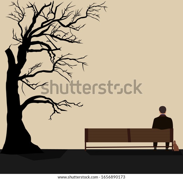 公園のベンチに座っている男の背景 公園での自由な時間を過ごす青年の平凡なロマンスイラスト のベクター画像素材 ロイヤリティフリー