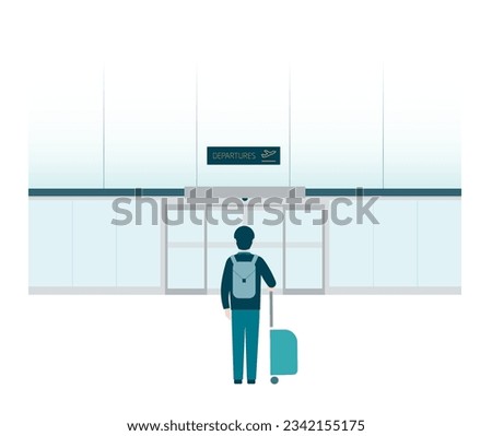 Back view of a man standing in front of the departures entrance door of the airport with a suitcase and a bag. Transport. Flat style colorful vector illustration.