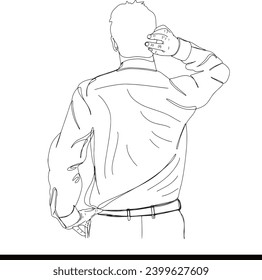 Back view of a man struggling with a problem in vector illustration, Businessperson in thoughtful pose, one line drawing vector