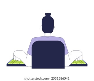 Back view man typing computer keyboard 2D cartoon character. Caucasian male programmer coding, corporate engineer isolated person flat vector on white background. Spot illustration colorful