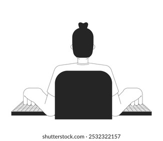 Back view man typing computer keyboard black and white 2D line character. Caucasian male programmer coding, corporate engineer isolated vector outline person. Monochromatic spot illustration