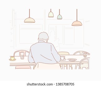 Back view of man using smartphone with cup of ice coffee on table in coffee shop. People relaxing and use mobile phone in cafe with copy space. Hand drawn style vector design illustrations.