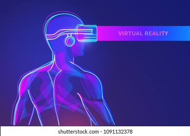 Back View Of Man With Virtual Reality Headset. Abstract Vr World With Neon Lines. Vector Illustration