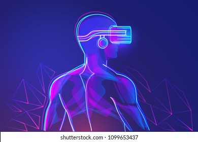 Back view of man with virtual reality headset. Abstract vr world. Vector illustration