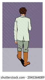 Back view of a man walking under the rain wearing water boots with a purple background. Cartoon style vector illustration.