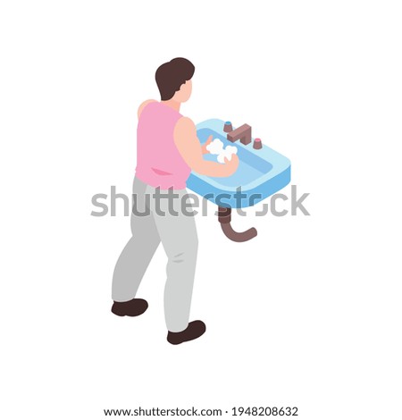 Back view of man washing his hands in sink isometric vector illustration