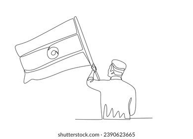 Back view of a man waving a flag. Indian republic day one-line drawing