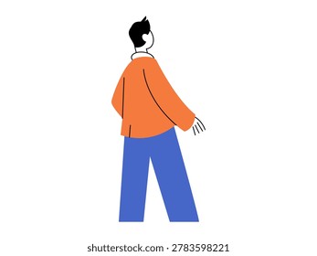 Back view of a man wearing an orange jacket and blue pants vector illustration. Future planning, vision, waiting, casual lifestyle, observation, direction. Male character standing with rear turned