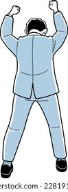 Back view of a man who rejoices with a guts pose