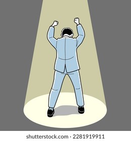 Back view of a man who rejoices with a guts pose