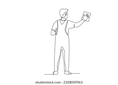 Back view of a man wiping the floor. Cleaning service one-line drawing
