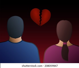 Back view of a man and a woman with a broken heart between them. Vector illustration on gradient background.