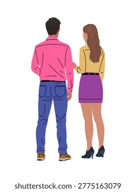 Back view of a man and woman standing together. They appear calm and connected, facing forward. Their clothing suggests a casual or semi-formal outing. Perfect for illustrating teamwork, partnership