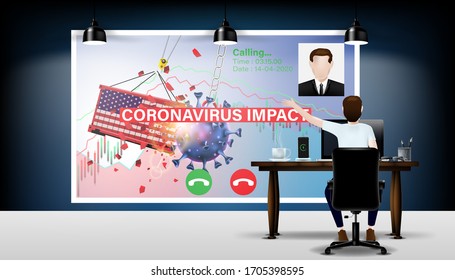 Back view of man working at table. Work from home and quarantine concept. Flu outbreak coronavirus or covid-19 effect to USA trade and economy and stock market business and financial recession.