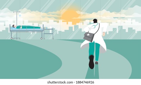 Back view of medical emergency case concept. The doctor suddenly run for a sick patient sleeping on a bed in the hospital ward at the early morning sunrise. Occupation of work hard and responsibility.