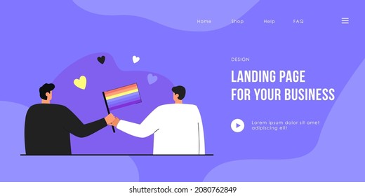 Back view of men holding LGBT flag flat vector illustration. Gay couple holding each others hands isolated on white background. LGBT love concept for banner, website design or landing web page.