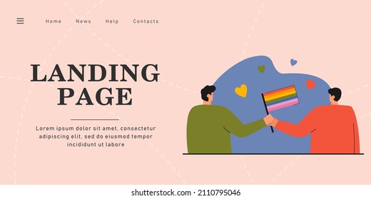Back view of men holding LGBT flag flat vector illustration. Gay couple holding each others hands isolated on white background. LGBT love concept for banner, website design or landing web page.