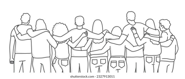 Back view of men and women standing together, embracing each other. People help each other. Hand drawn vector illustration.