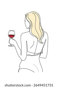 Back View Minimalist Woman with Wine Glass – Elegant Abstract Silhouette for Fashion Prints and Home Decor