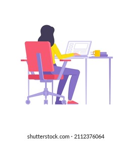 Back view modern woman working laptop browsing internet website sitting at desk workplace vector isometric illustration. Female enjoying online shopping order delivery web buying isolated on white