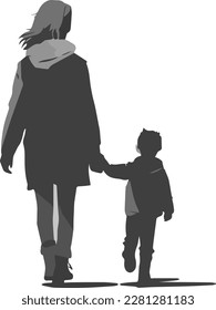 Back view of mother walking hand in hand with her little son. Vector silhouette of unrecognized woman and kid walking together.