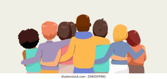 Back view multi-ethnic group of people embracing togetherness concept vector illustration