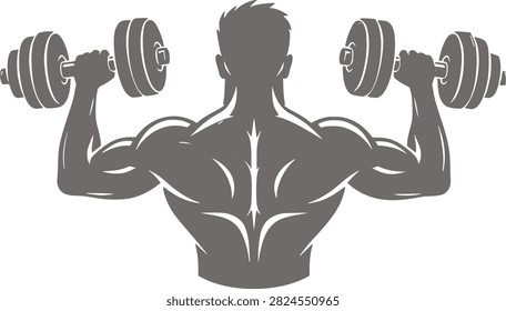 Back view of a muscular bodybuilder lifting heavy dumbbells for shoulder exercise powerful athletic physique fitness training session in gym environment isolated.
