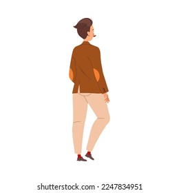 Back View of Mustached Man Character in Brown Jacket Walking Vector Illustration