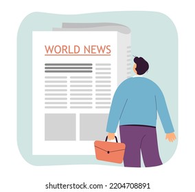 Back view of office person looking at huge newspaper. Man reading world news flat vector illustration. Information, media, internet, news concept for banner, website design or landing web page