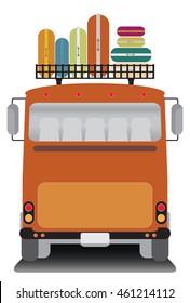 Back view of old bus and bag on roof