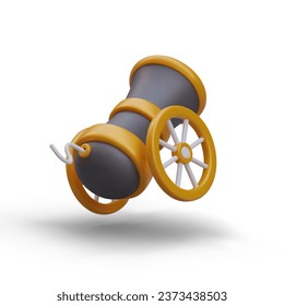 Back view of old cannon on wheels fires shot. Military weapons for computer game or military poster concept. Vector illustration in cartoon style in yellow and black colors and place for text