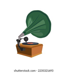 Back view of old gramophone cartoon illustration. Vintage music player, old-fashioned device for listening to jazz or classic music and vinyl records on white background. Entertainment, media concept