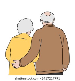 Rückblick auf den alten Mann, der seine Frau umarmt. Romantisches Beziehungskonzept. handgezeichnete Vektorgrafik