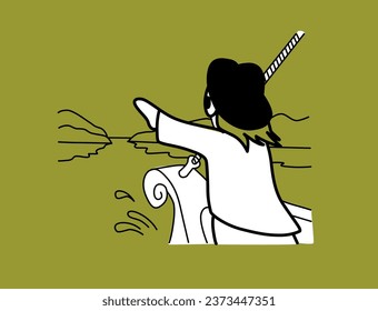 Back view of an old navigator, sailor character dressing old clothes and hat standing on the bow of an old frigate with his arm up pointing finger to land. Cartoon hand drawn vector illustration.