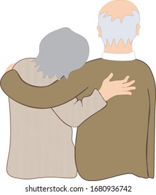 Back view of older couple with arms around each other and she leans head on his shoulder