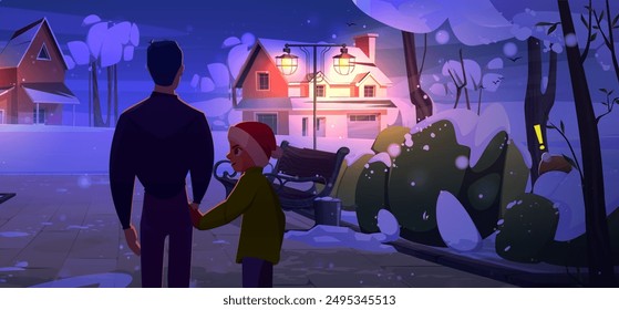 Back view on man and teenager boy in Christmas hat holding with hands and walking in park on cold winter snowy suburban street at evening or night. Cartoon vector illustration of city landscape.