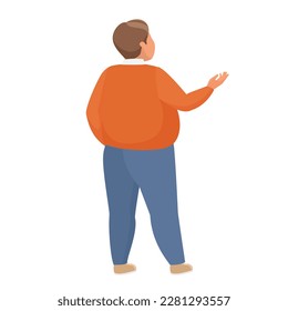 Back view on standing fat man. Obese boy with hand up, pointing chubby man vector cartoon illustration