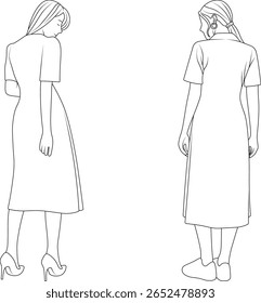 Back view outline illustration of women in formal and casual dresses.